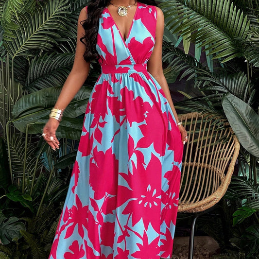 Robe Longue à Imprimé, Décolleté V Profond, Taille Cintrée et Évasée